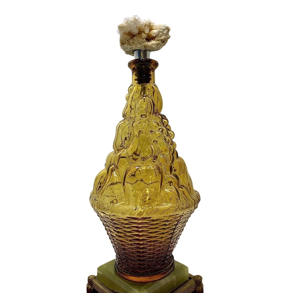 VTG MCM AMBER GENIE BOTTLE DECANTER EMPOLI ITALY‎ & QUARTZ CRYSTAL STOPPER
